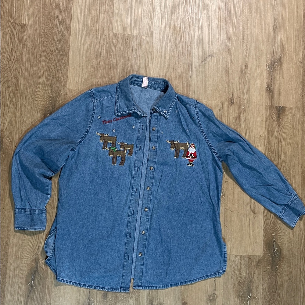 Embroidered holiday Christmas Shirt with Reindeer and Santa size XL